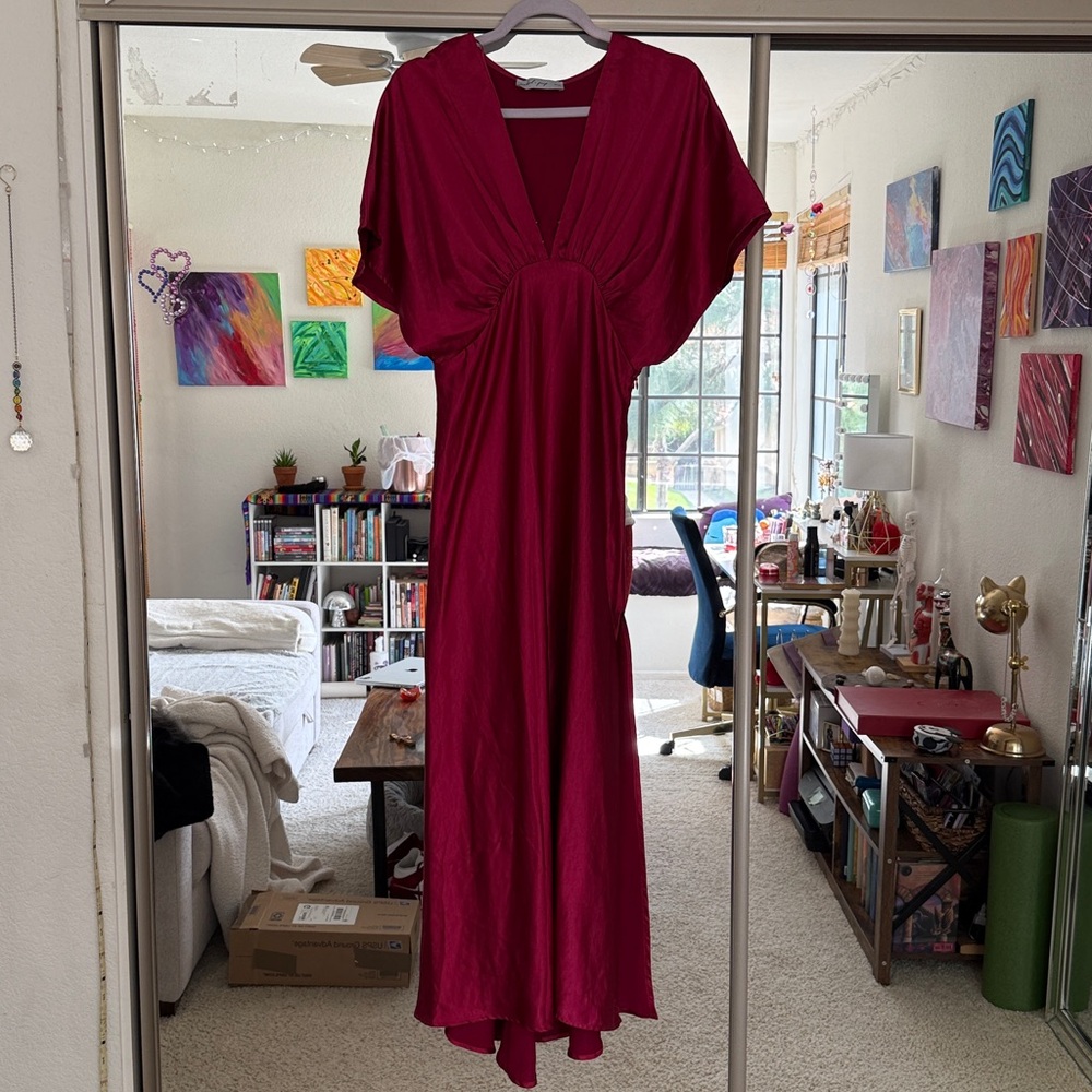PETAL & PUP RICKI DOLMAN SLEEVE SATIN MAXI DRESS - RUBY WINE B2482